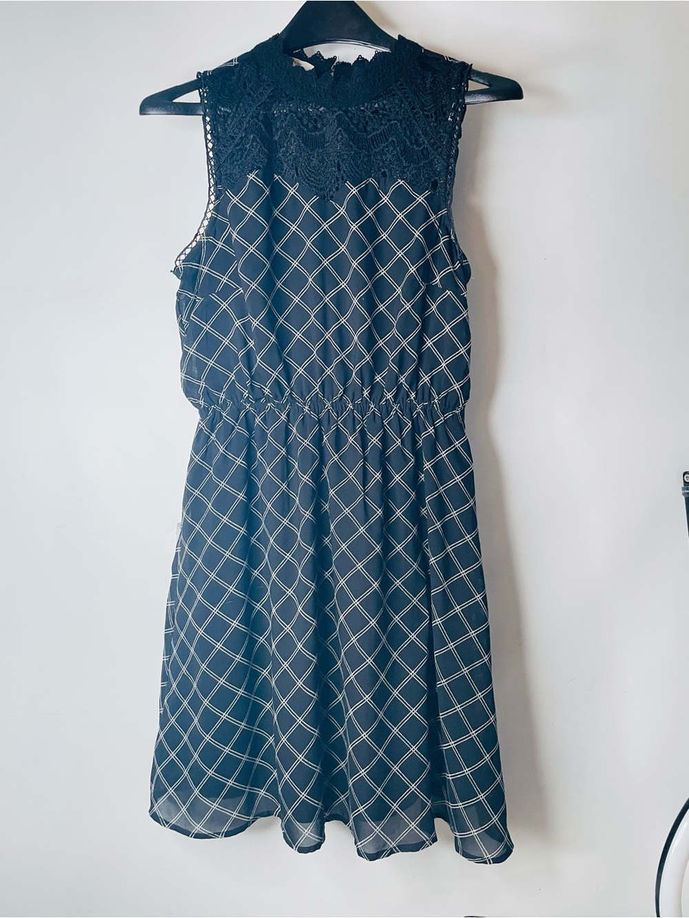 Maurices Black Sleeveless Lace Yoke Plaid-Grid Dress